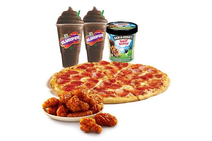 1 Large Pizza, 2 Large Slurpee, 10 Buffalo Chicken Wings, and Ben & Jerry's Ice Cream
