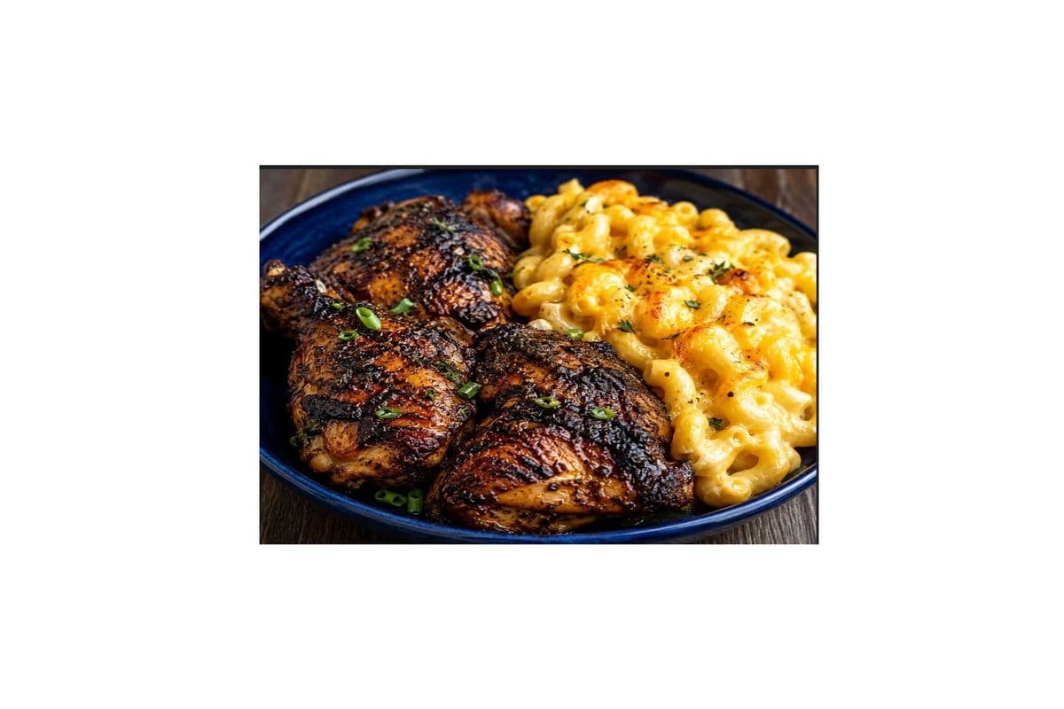 Jerk Chicken with Macaroni and Cheese