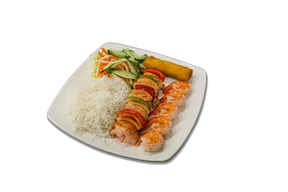 105. Combo C: Chicken Kabob, Grilled Prawns & Spring Rolls on Vermicelli