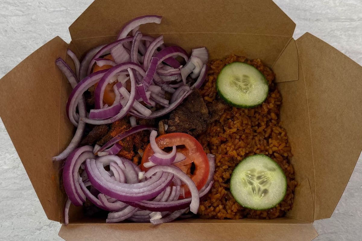 Smoky Jollof Rice Meal With Beef Suya