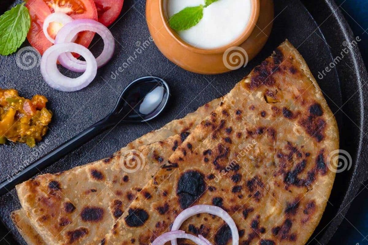 Onion Paratha with Dahi and Achar