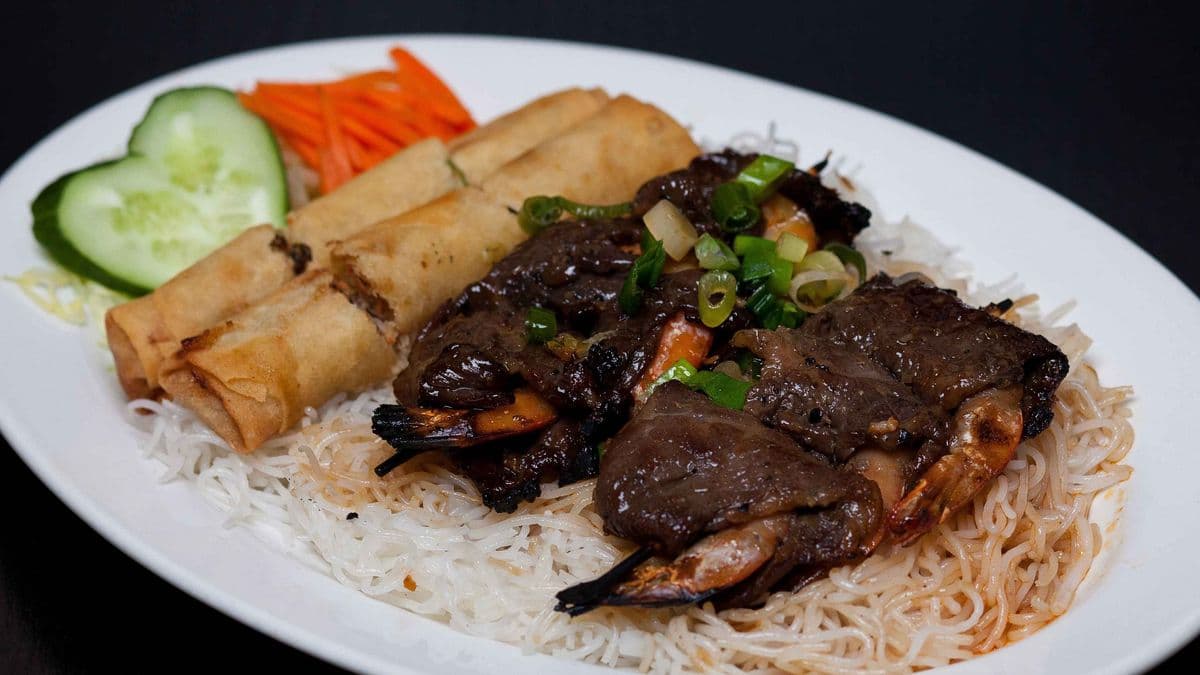 43.Grilled Satay Beef Wrapped Shrimp Skewers & Spring Rolls On Rice Vermicelli