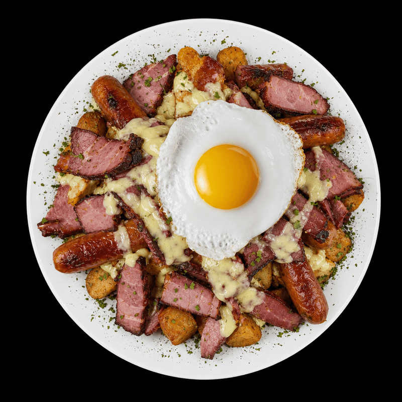 Poutine Déjeuner - La Deluxe avec viande femée / Breakfast Poutine - Deluxe with one (1) specialty meat choice