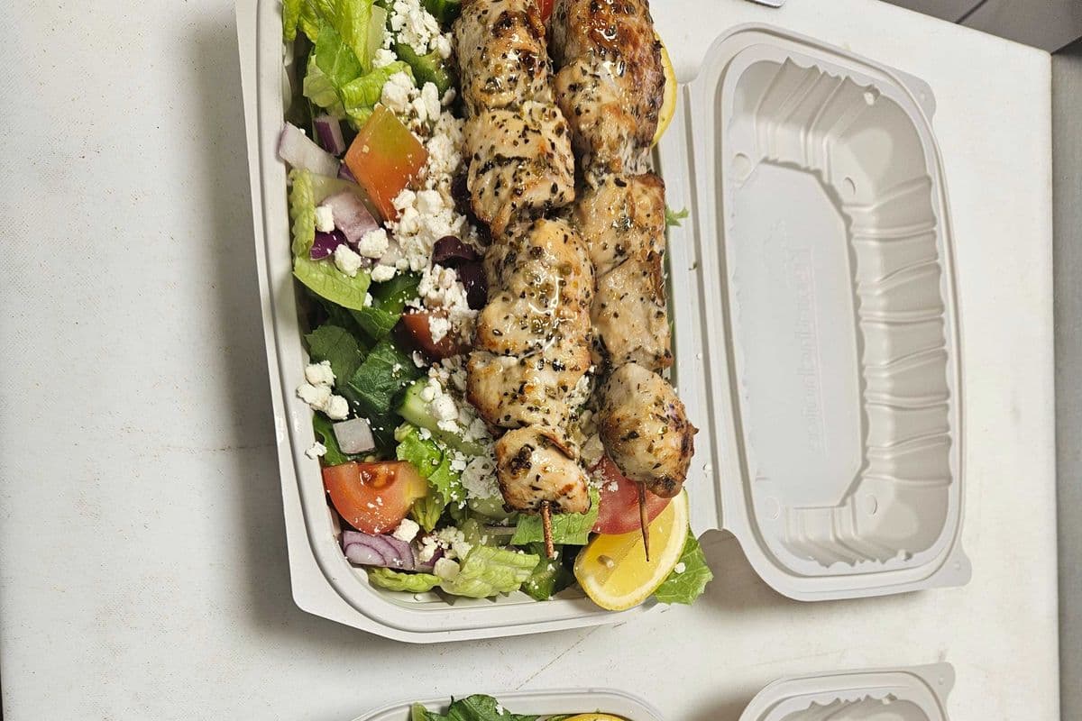 Cypriannas Greek Salad with Chicken Souvlaki