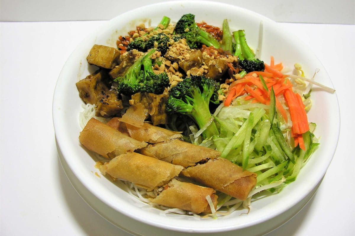 V3. Vermicelli Topped with Vegetarian Spring Rolls, Shredded Tofu, and Vegetables