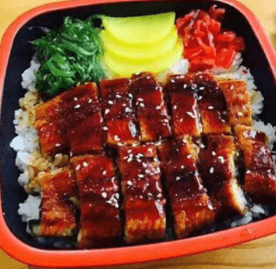 #0304. BBQ Eel Teriyaki Bento Box with Three Spring Rolls