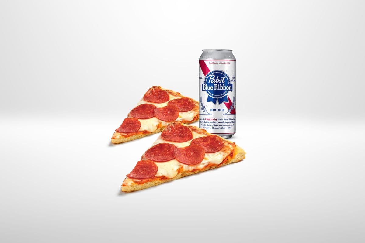 2 Pizza Slices (2 for $4) & Pabst Blue Ribbon (473 ml) (4.6% ABV)