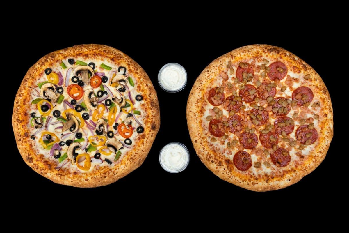 Two Medium Pizzas, 3 Toppings each & 2 Dips