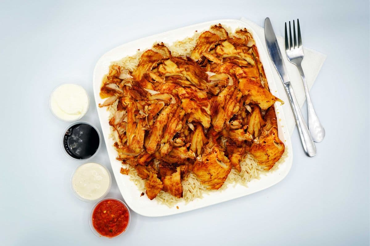 Chicken shawarma on rice or fries