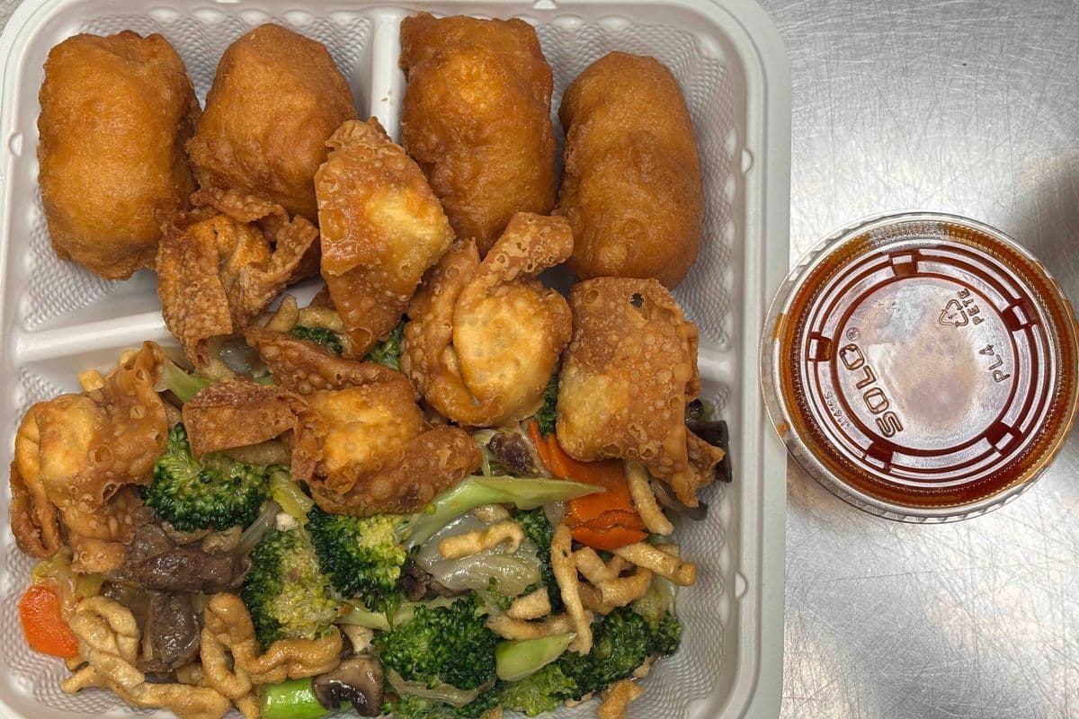 6. Sweet-and-Sour Balls, Sweet-and-Sour Wontons, Beef with Mixed Greens, and Chow Mein Noodles