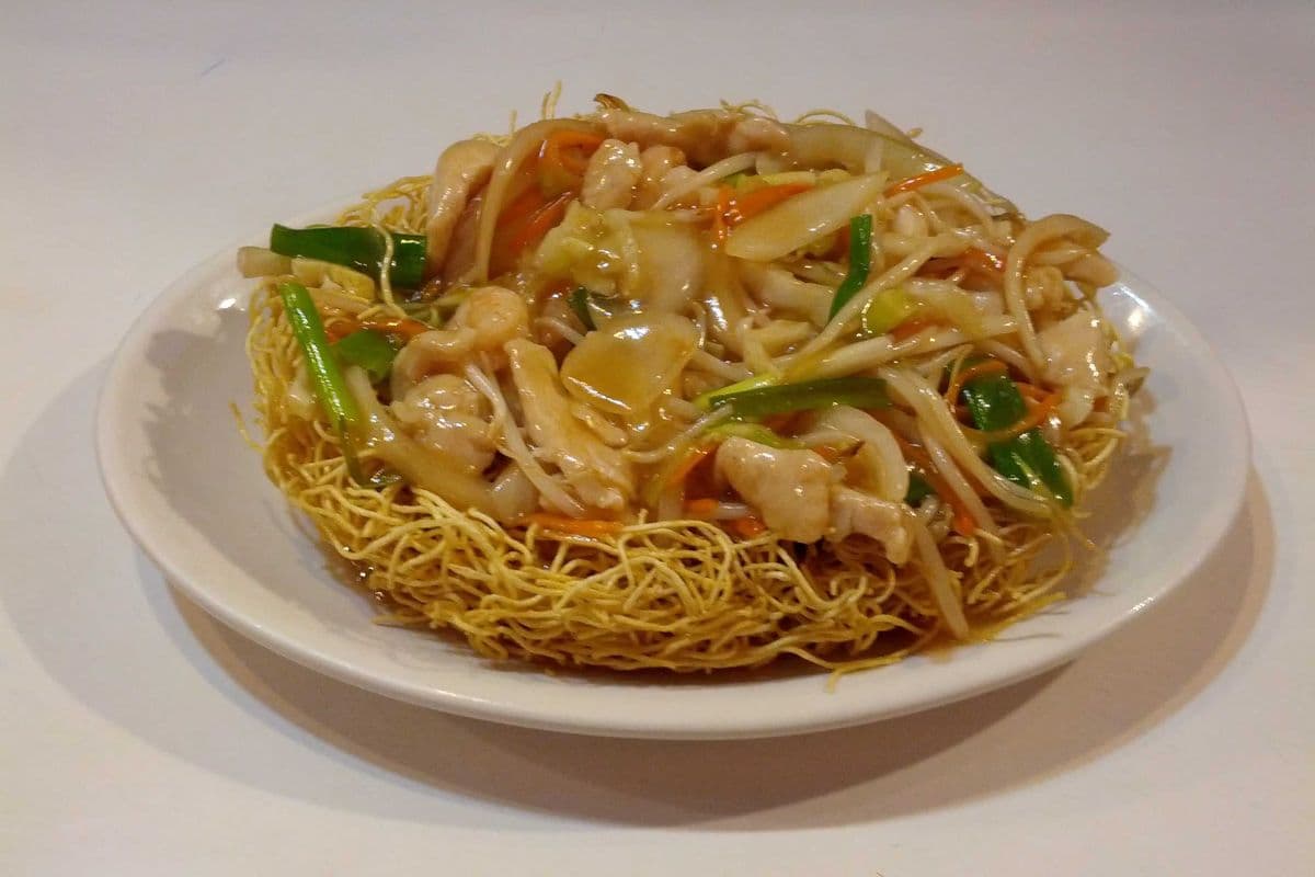 Cantonese Chicken and Shrimp Chow Mein (Deep Fried Noodles)