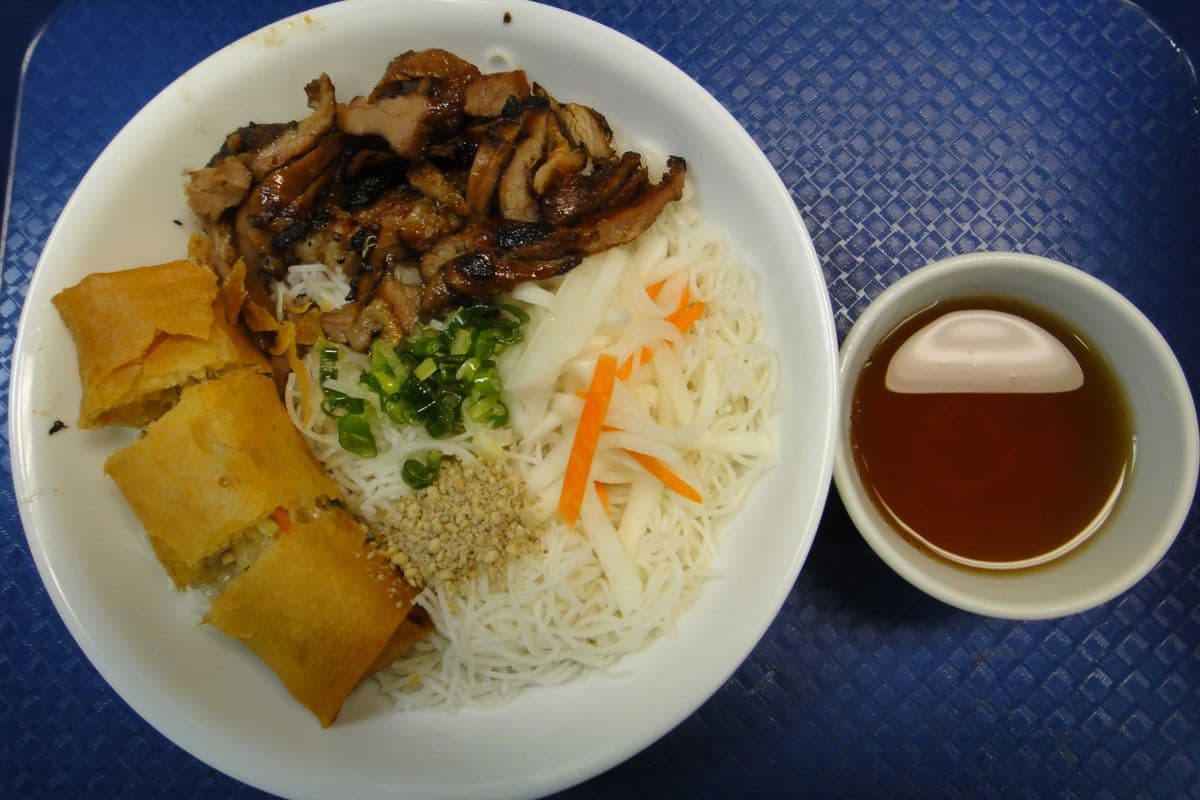 15. Vermicelli Noodles with Spring Rolls and Grilled Pork Shish Kabob Meat