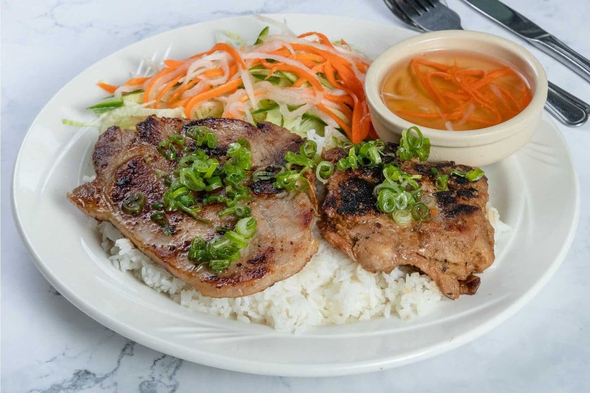 56. Grilled Lemon Grass Chicken and Pork Chop with Steamed Rice (Cơm Sườn, Gà Nướng Sả)