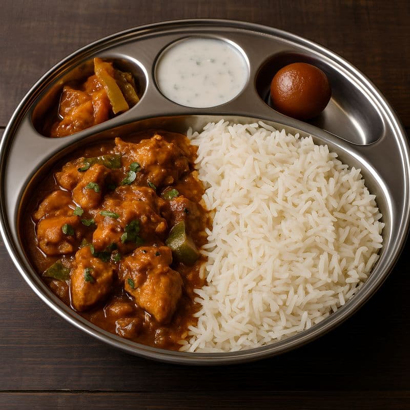 Veg Curry Combo Box with Rice, Pickle, Raita and Gulaab Jamun