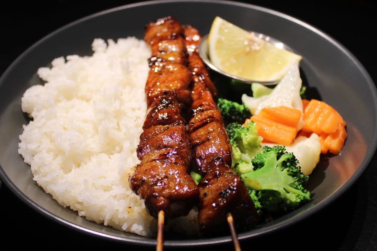 2pcs Pork Bbq Skewers rice and Mix Veg