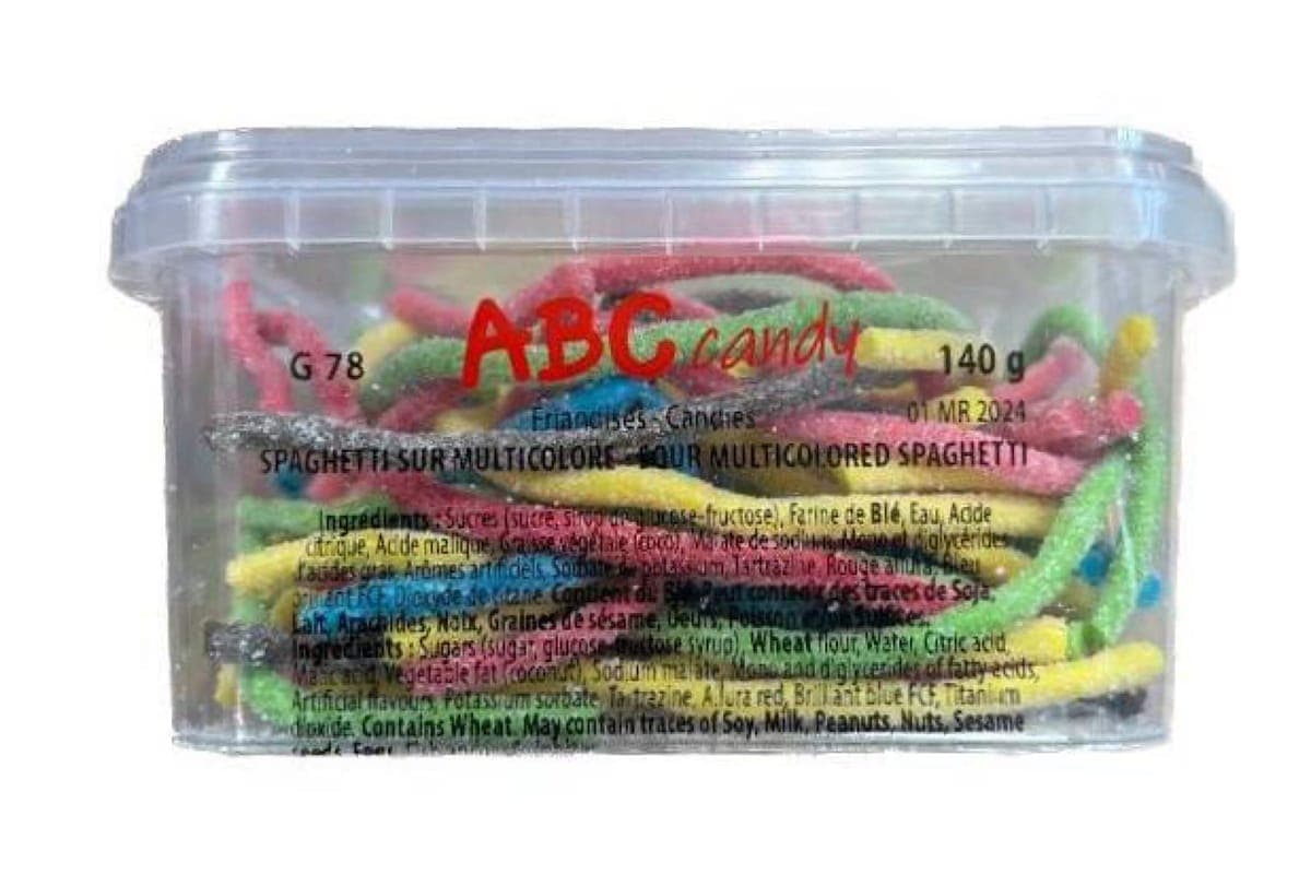 ABC Candy - Contenant - Spaghetti Sur Multicolore / Container - Sour Multicolored Spaghetti