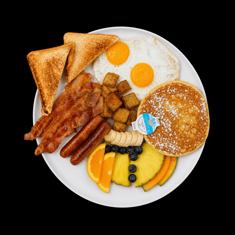 Deux (2) oeufs (1) crêpe ou (1) pain doré et (2) viandes / Two (2) eggs, (1) pancake or (1) French toast, and (2) meats