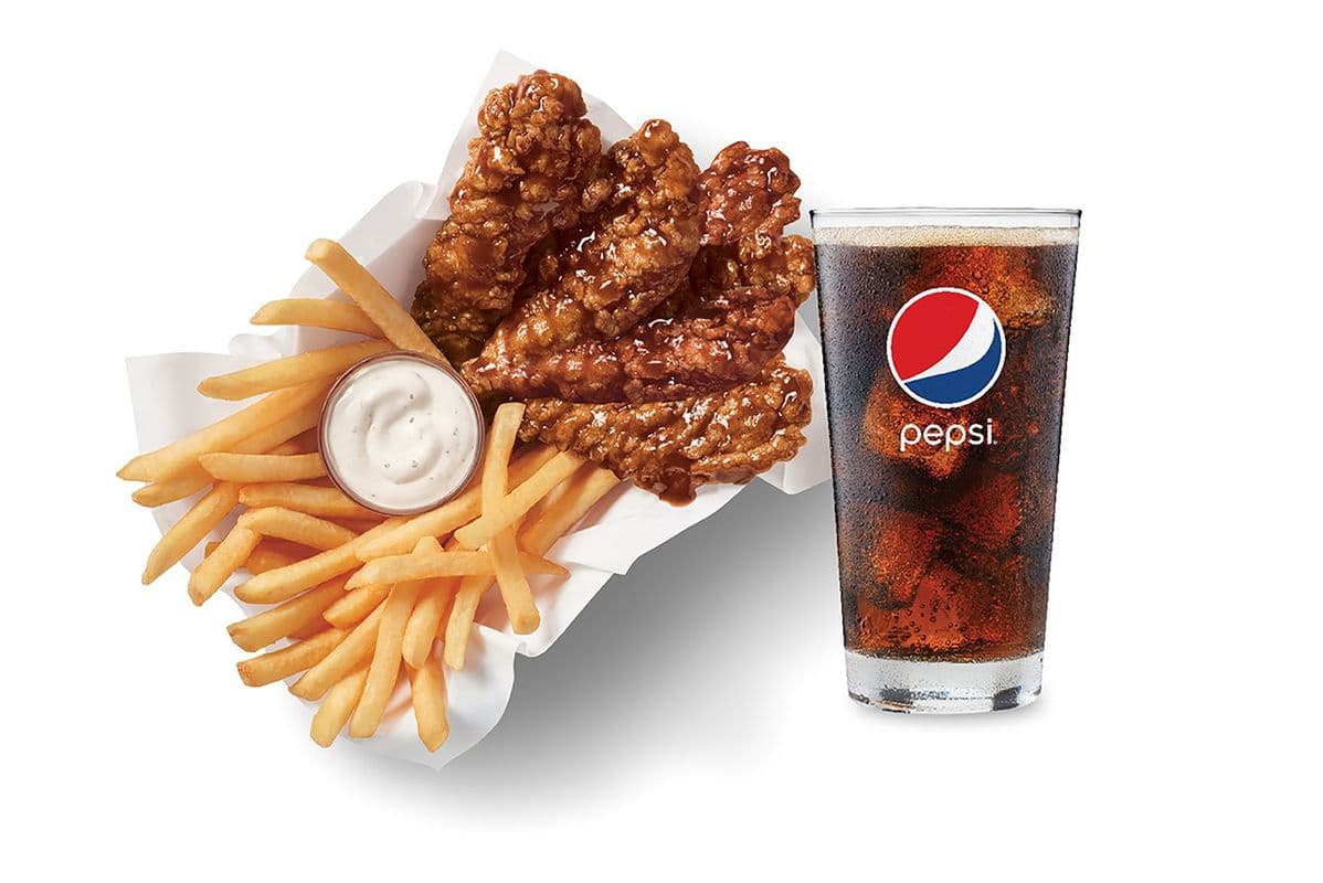 Honey BBQ Glazed Sauced & Tossed Chicken Strip Basket with Drink (4 pcs)