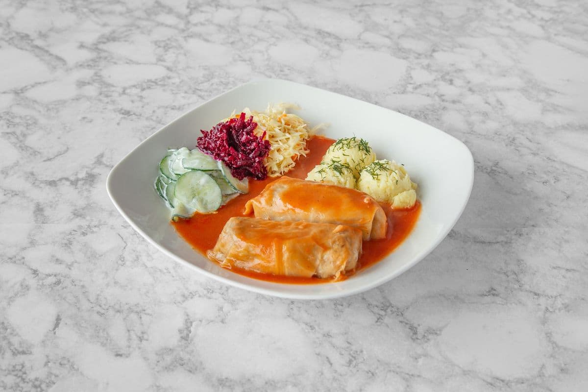 Cabbage Rolls in Tomato Sauce with Mashed Potato and Salads