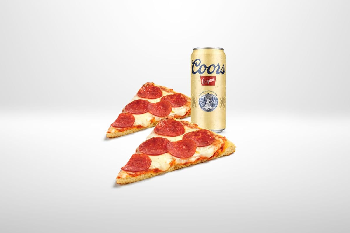 2 Pizza Slices (2 for $4) & Coors Original (473 ml) (5% ABV)