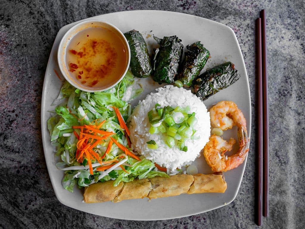 36. Grilled Beef Wrapped in Betel Leaves, Shrimp & Spring Roll