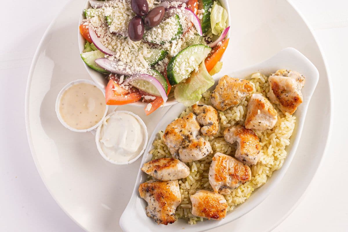 Chicken Souvlaki with Rice and Greek Salad