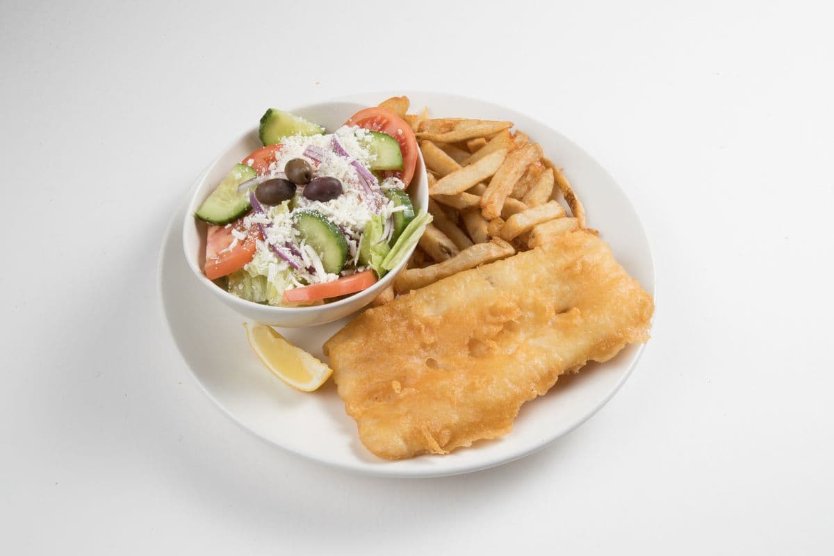 Halibut with Chips and Greek Salad
