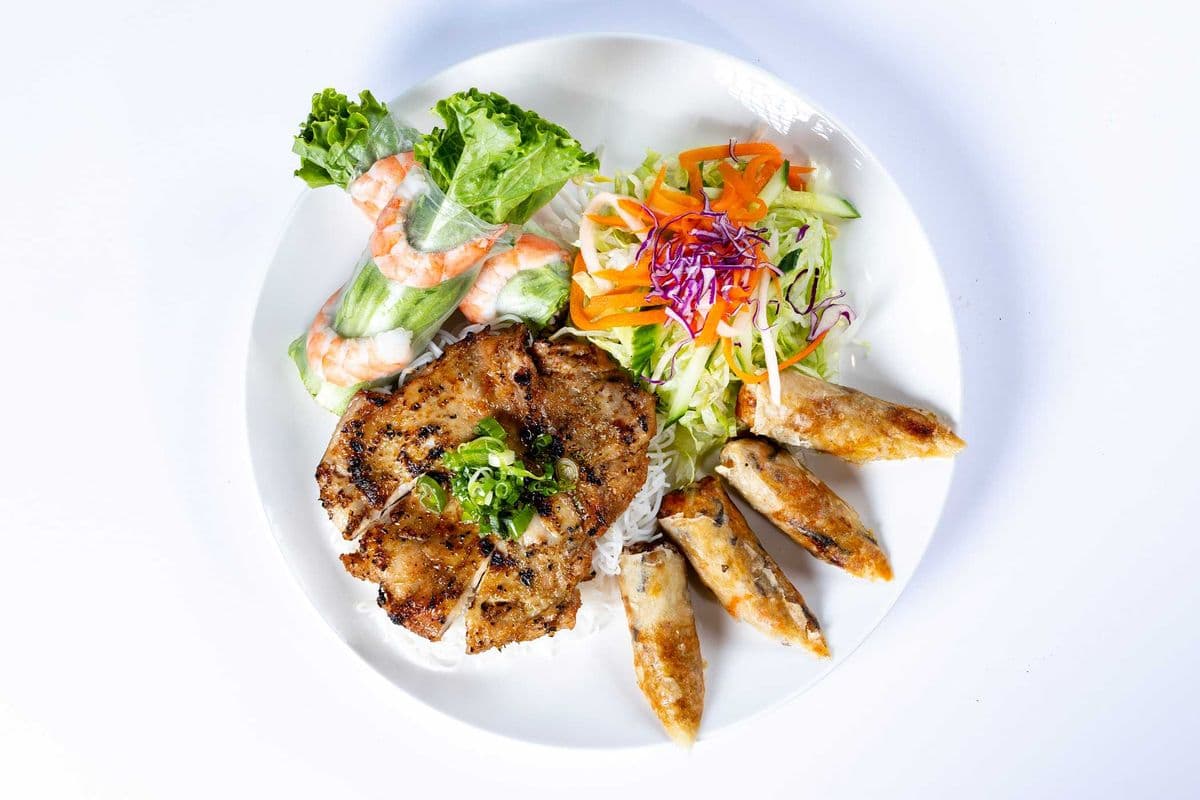 31. Lemongrass Chicken or Pork, Spring Rolls, and a Shrimp Salad Roll / (Ga hoac heo uop xa, cha gio va goi cuon)