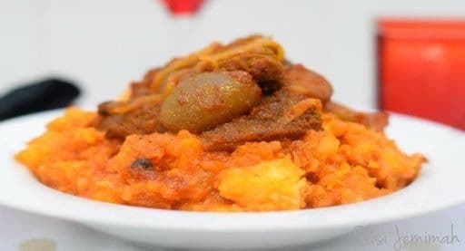 Yam Porridge and Two Pieces of Meat or Fish