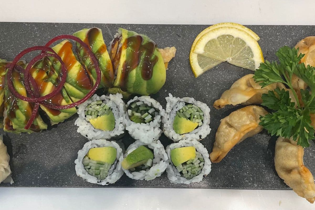 Veg Green Dragon (8 pcs), AvoCu (6 pcs), and Veg Gyoza