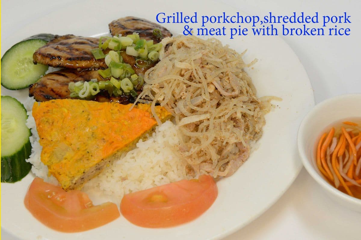57-Grilled Pork Chop, Shredded Pork, and Meat Pie on Steamed Rice (cơm bì,chả,thịt nướng)