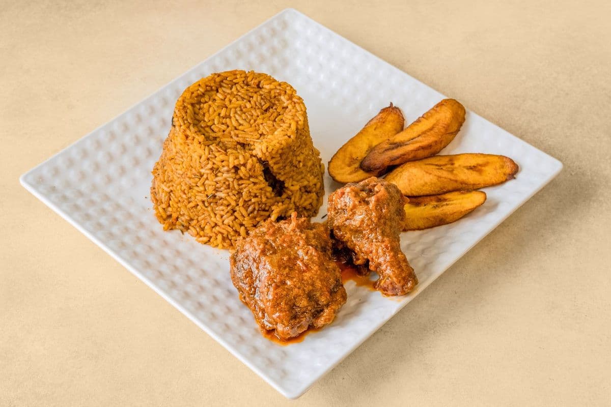 Jollof Rice with Fried Chicken and Plantain