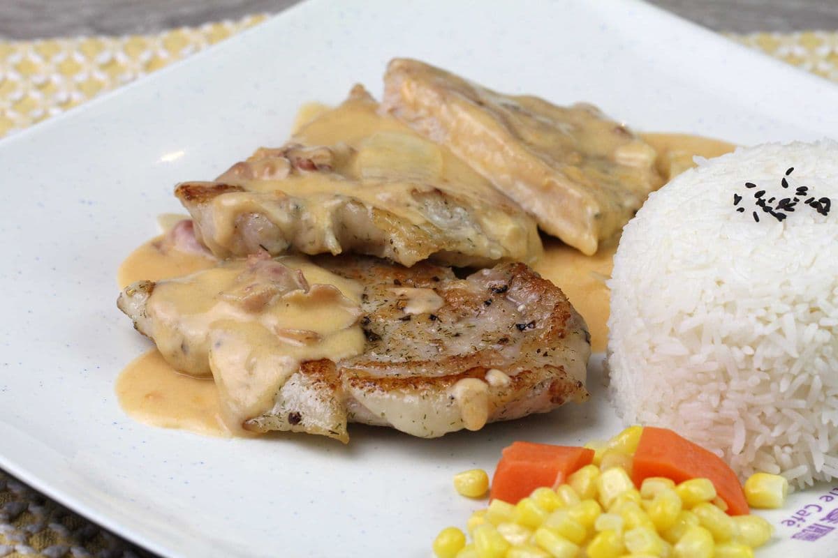 C06. Pork Chop in Creamy Onion Bacon Demi-Glace with Rice