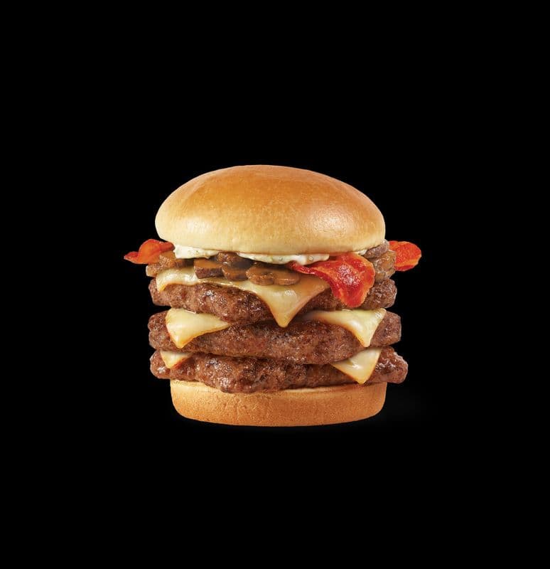 Garlic Mushroom Bacon Triple Cheeseburger