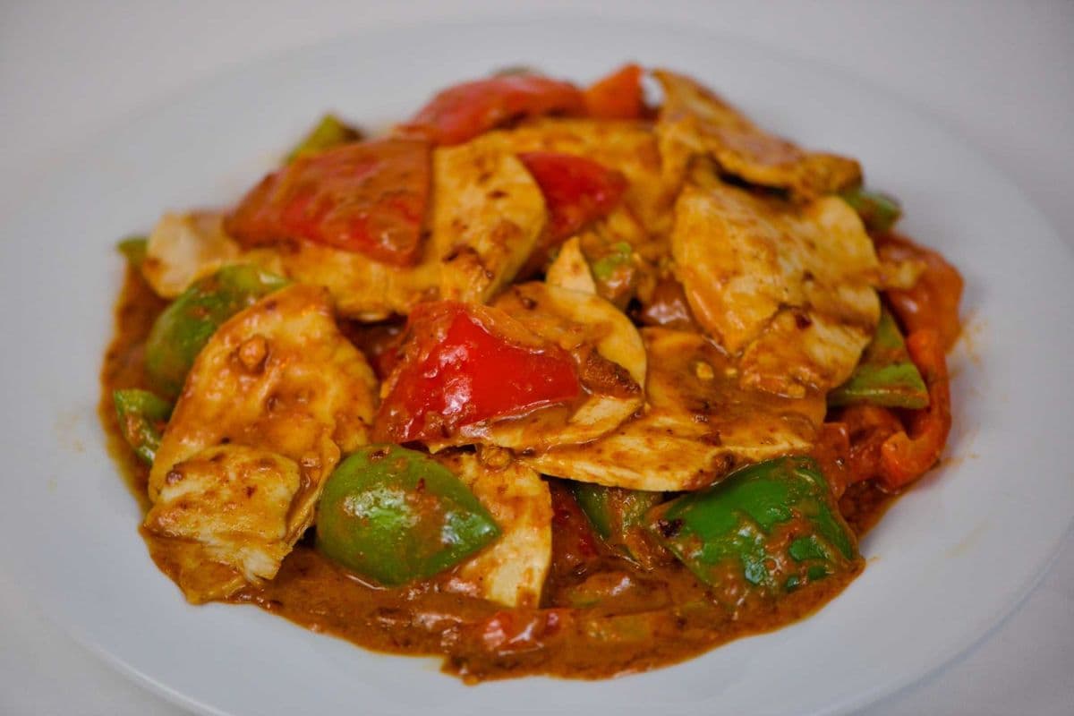 65. Stir-Fried Chicken with Satay Sauce (with Bell Peppers & white onions) - Ga Xao Sate