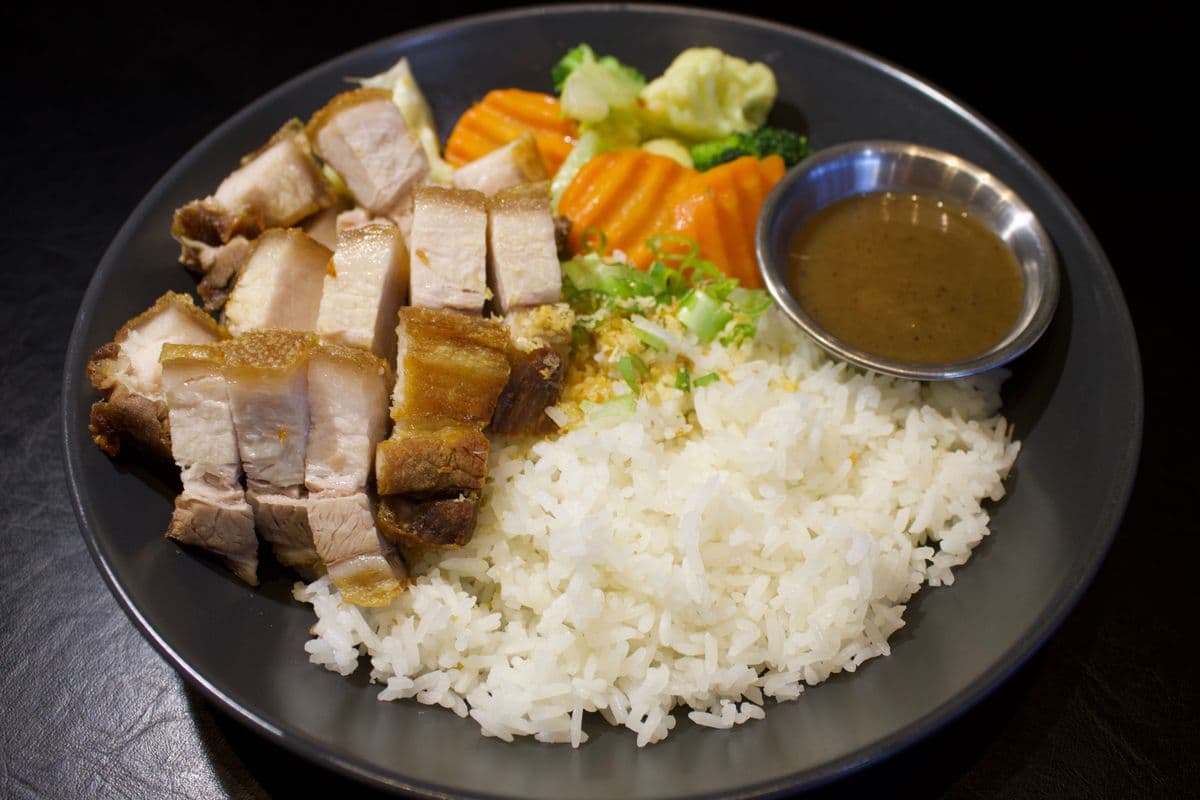 Crispy Pork Belly rice and Mix Veg