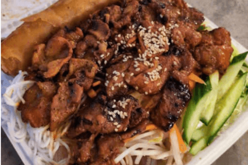 #74. Veggie Marinated Grilled Lemongrass Pork Slices and Fried Rolls