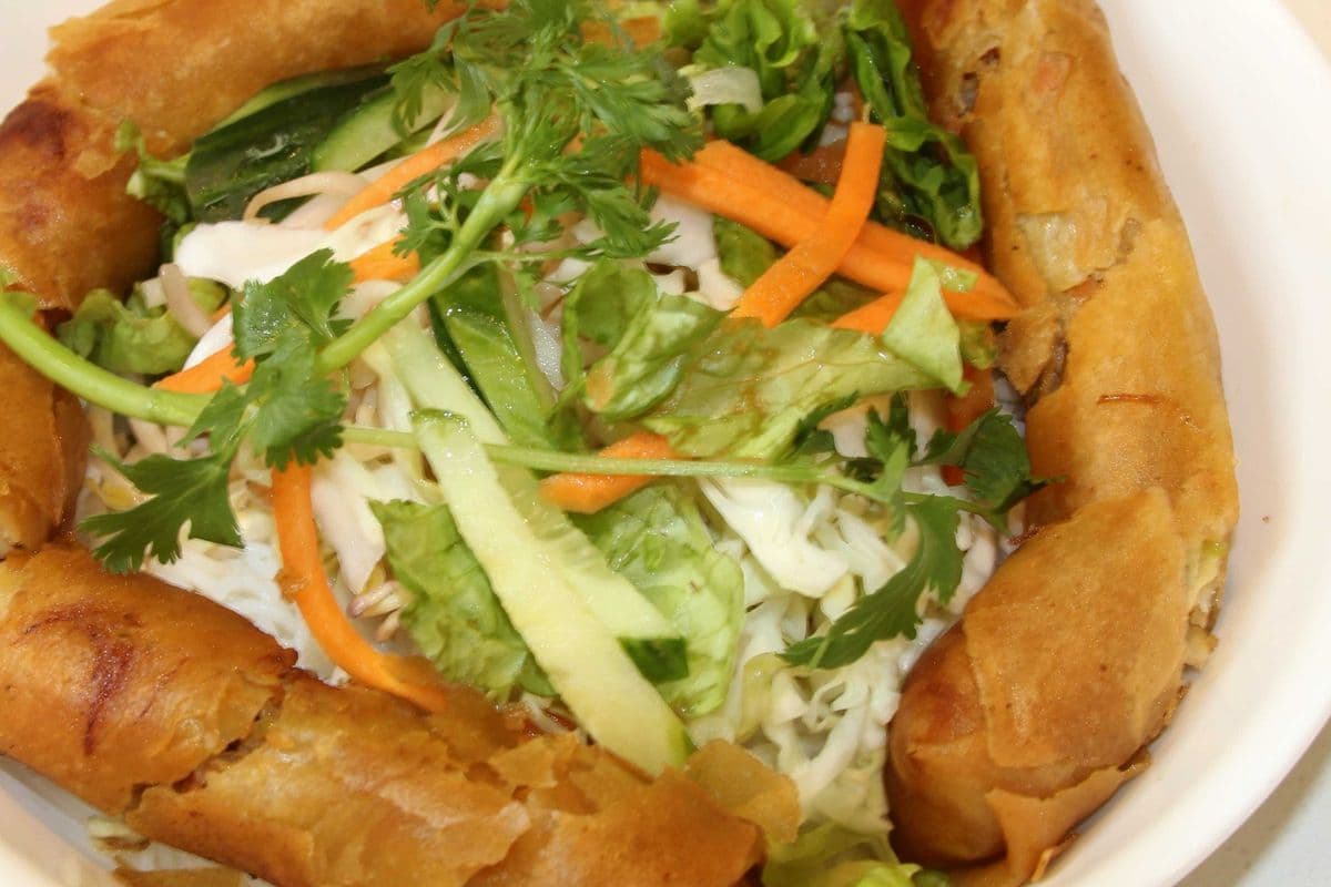 V4. Vegetarian Bowl with Three Fried Roll & Veggie