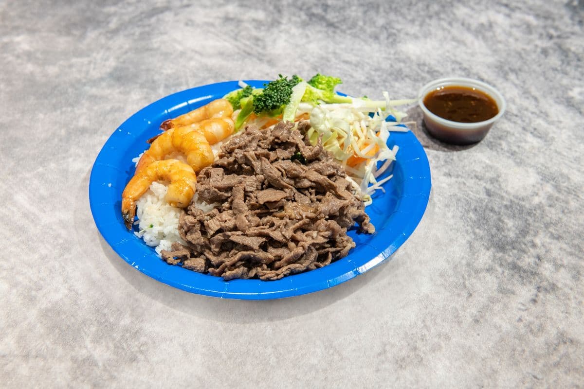 7. Teriyaki Beef, Prawn, Rice, and Vegetables