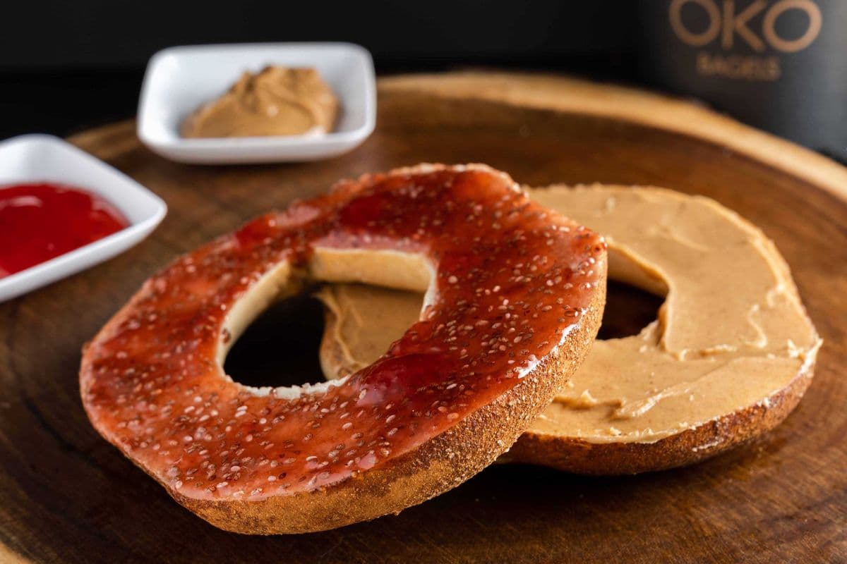 Bagel with Peanut Butter and Strawberry Chia Jam