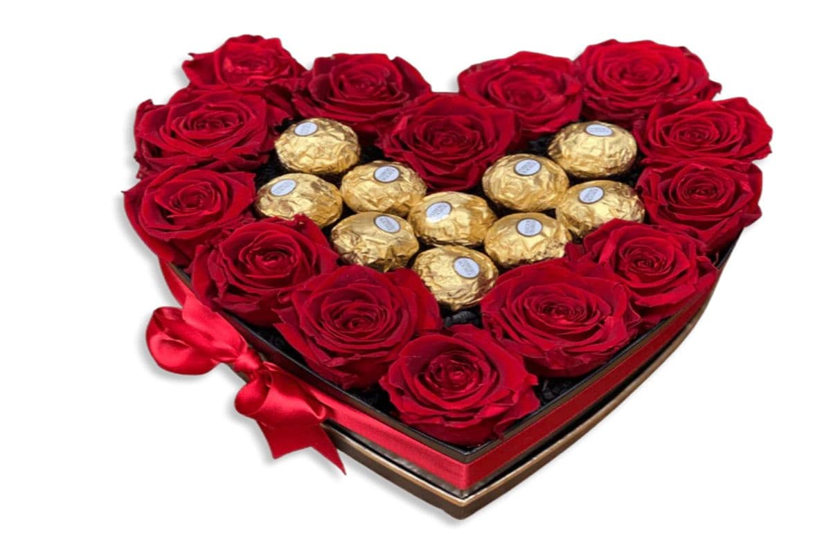 Large Heart Shaped Box with Roses and Chocolates