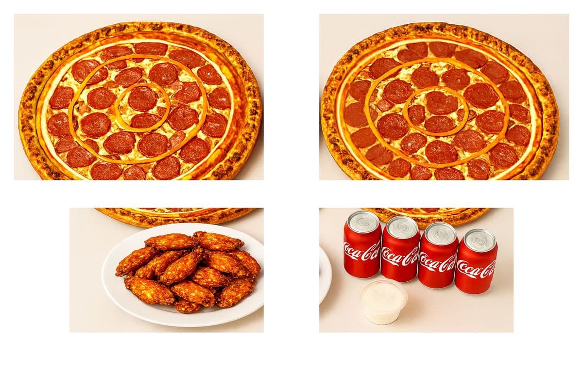 One Medium Pizza Three Toppings, Wings (7 pcs), One Dip, and Two Pops