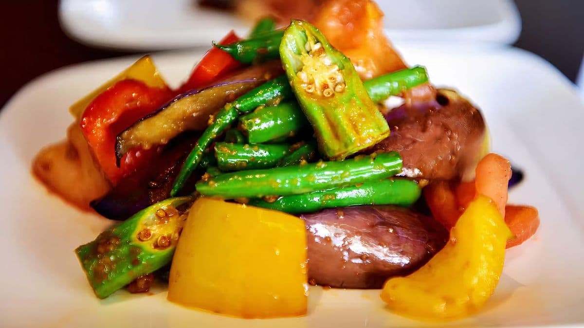 Sambal Tiger Prawns with Okra, Green Beans & Eggplant