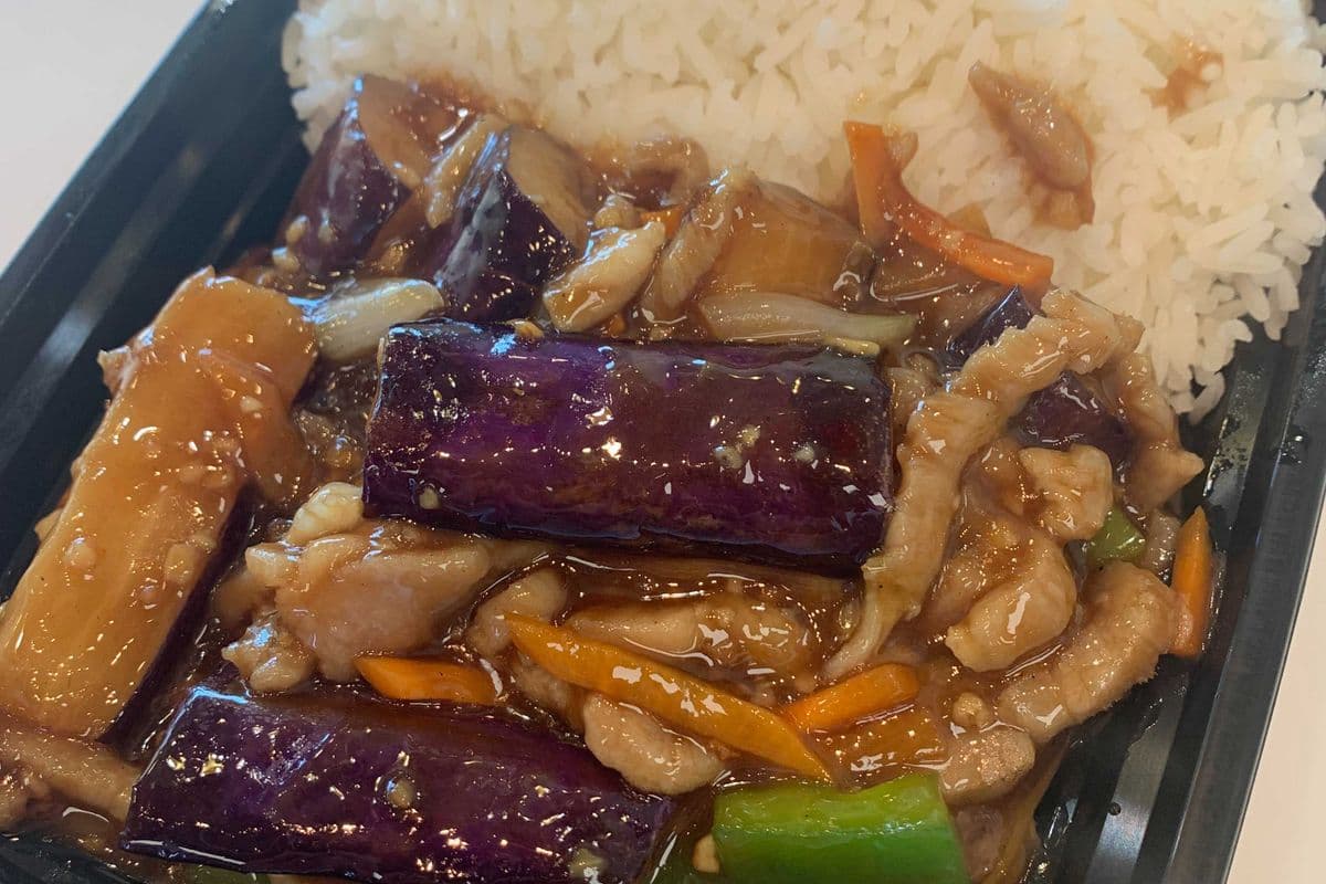 Stir Fried Sliced Pork and Eggplant in Spicy Sauce with Steamed Rice