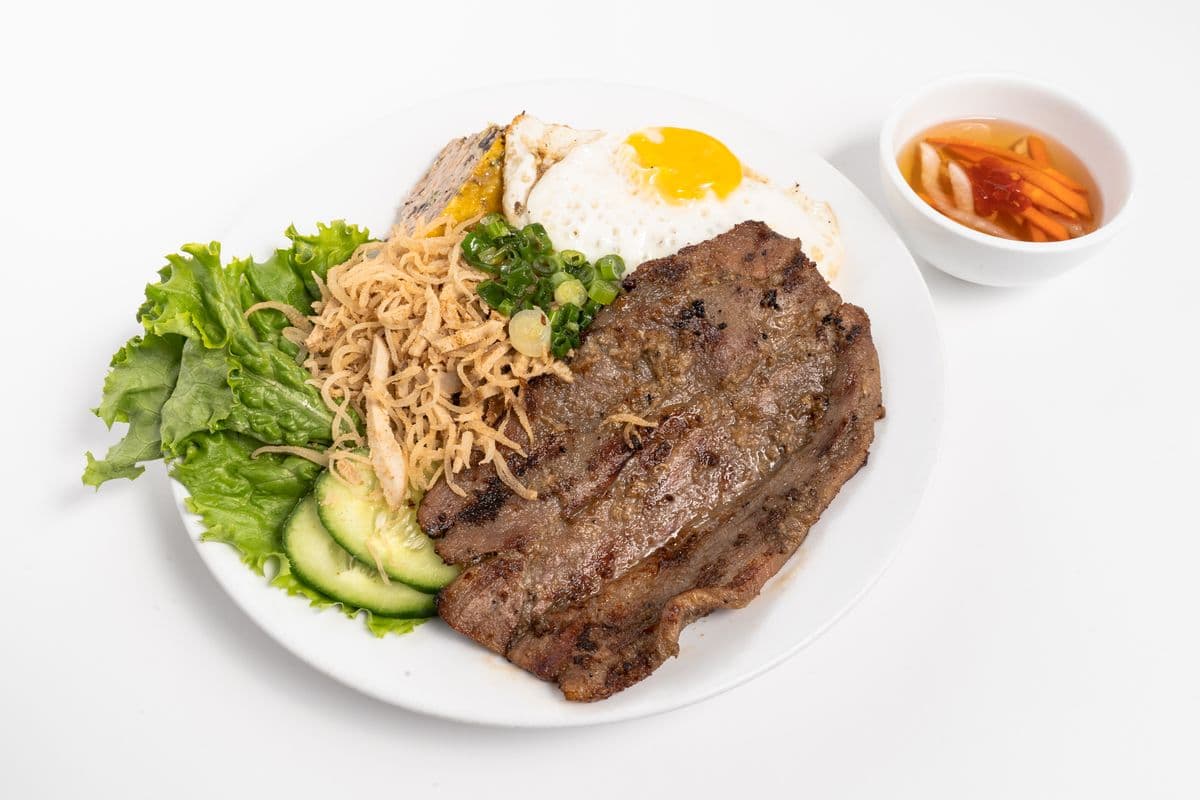 30. Shredded Pork Skin, Grilled Pork Chop, Egg Pancake, and Sunny up Egg with Minced Rice - Com Tam Suon Bi Cha Op La