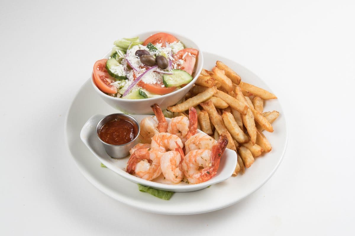 Shrimp with Chips and Greek Salad
