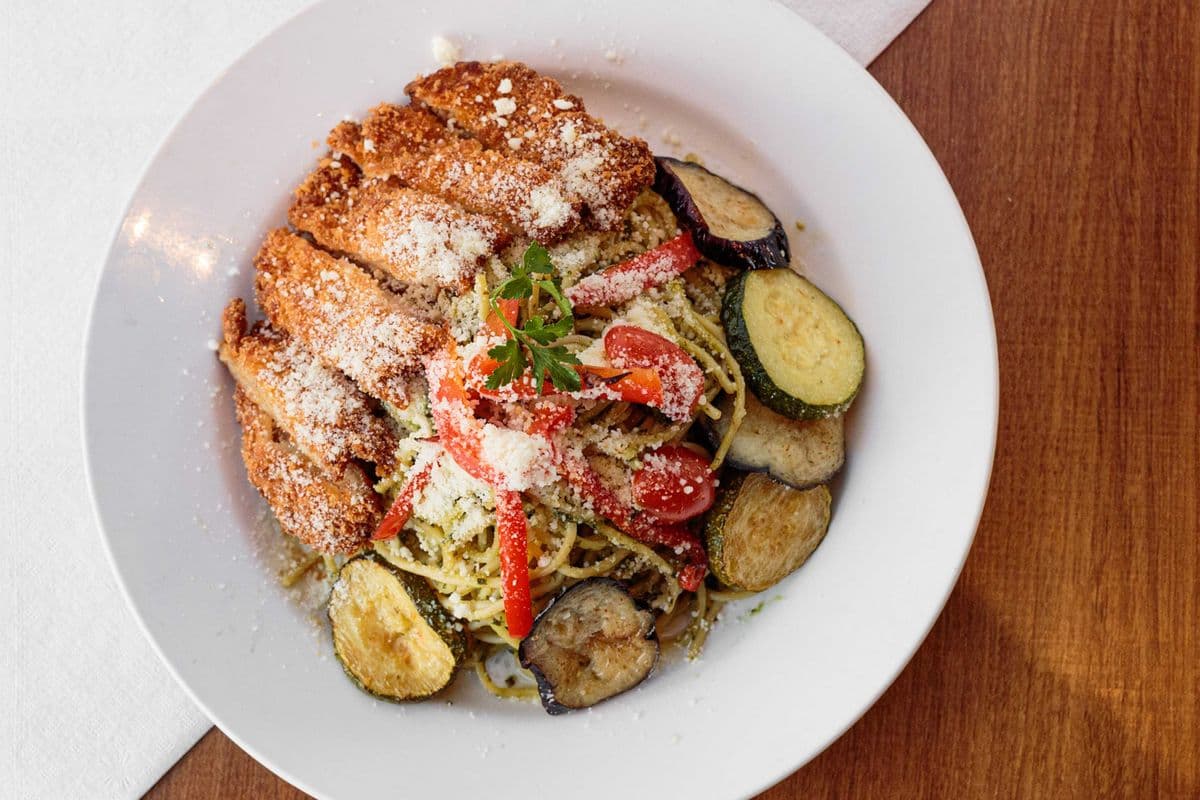 Pesto Spaghetti with Chicken Cutlet