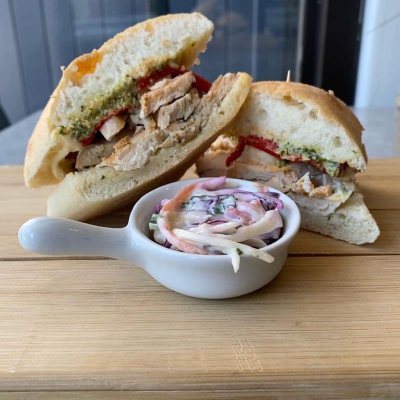 Grilled Chicken Roast Pepper Pesto Mayo on a Ciabatta Bun