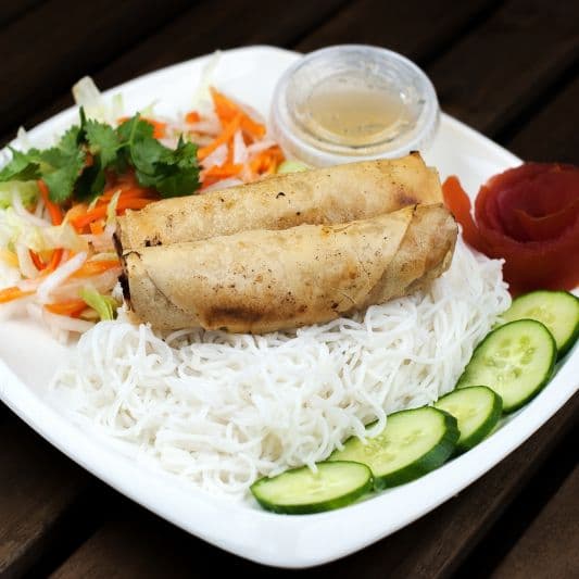 66. BBQ Chicken, Spring Rolls, and Skewer Prawns with Vermicelli