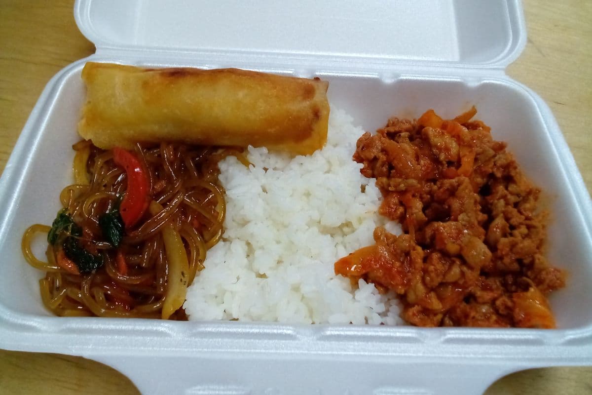 Spicy Pork with Rice and Japchae (2 pc Spring Rolls on Top)